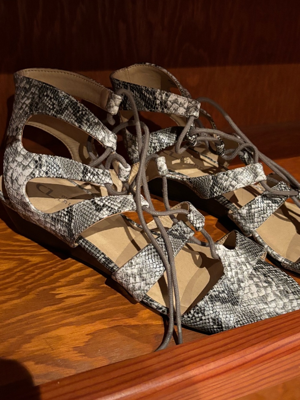Lace-Up Gladiator Heels in Gray Snake Print